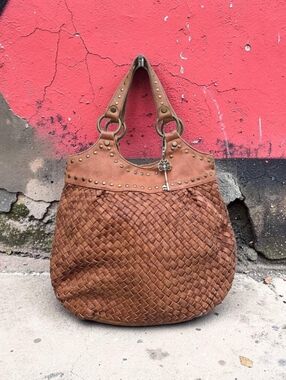 Fossil Vintage Boho Woven Leather Satchel in Cognac Brown